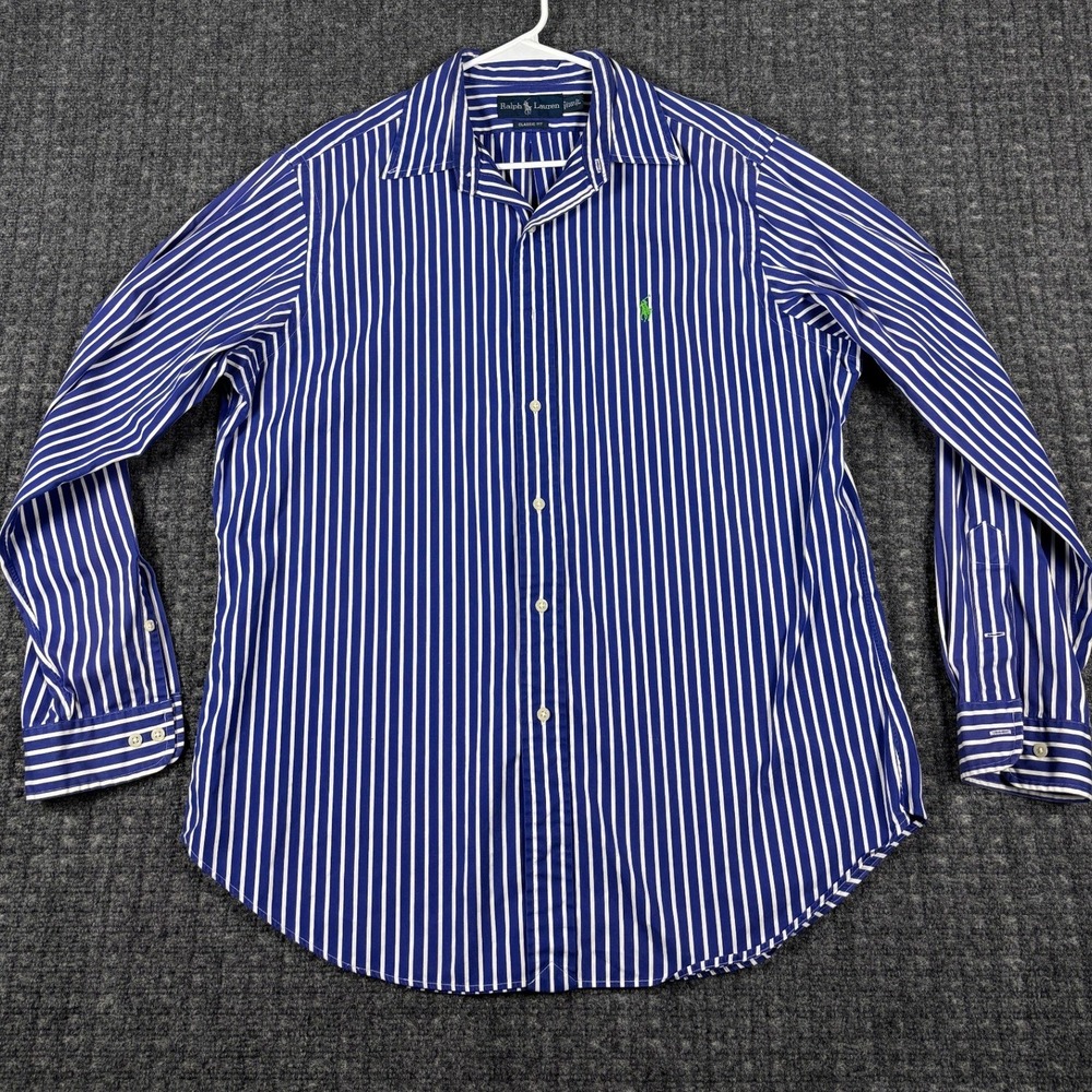 Ralph Lauren Classic Fit Striped Button Down Shirt 16.5 L Blue White Long Sleeve